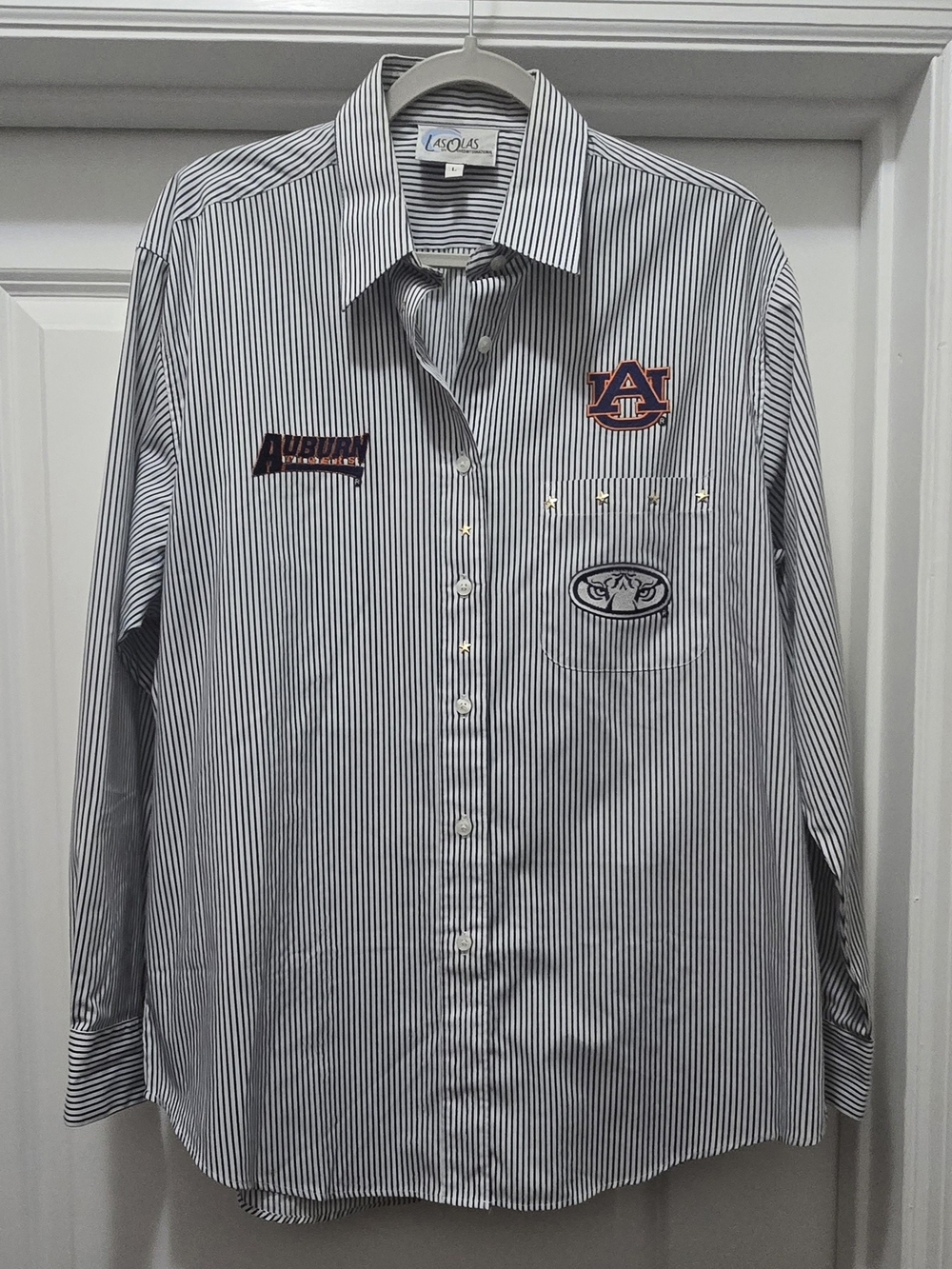 Vtg Las Olas Auburn Tigers Embroidered PinStriped Button-Down Shirt - Navy/White